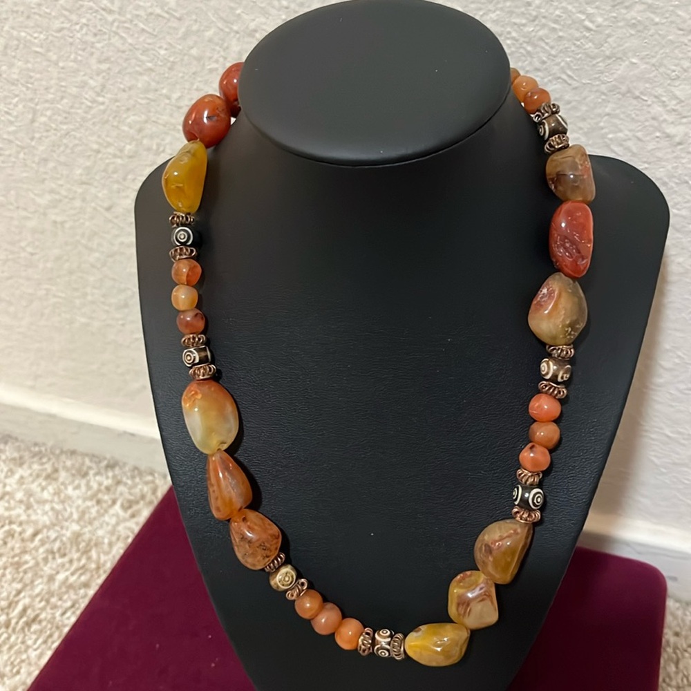 Boutique Hand Made Neutral Stone, Amber, & Metal Beaded Necklace